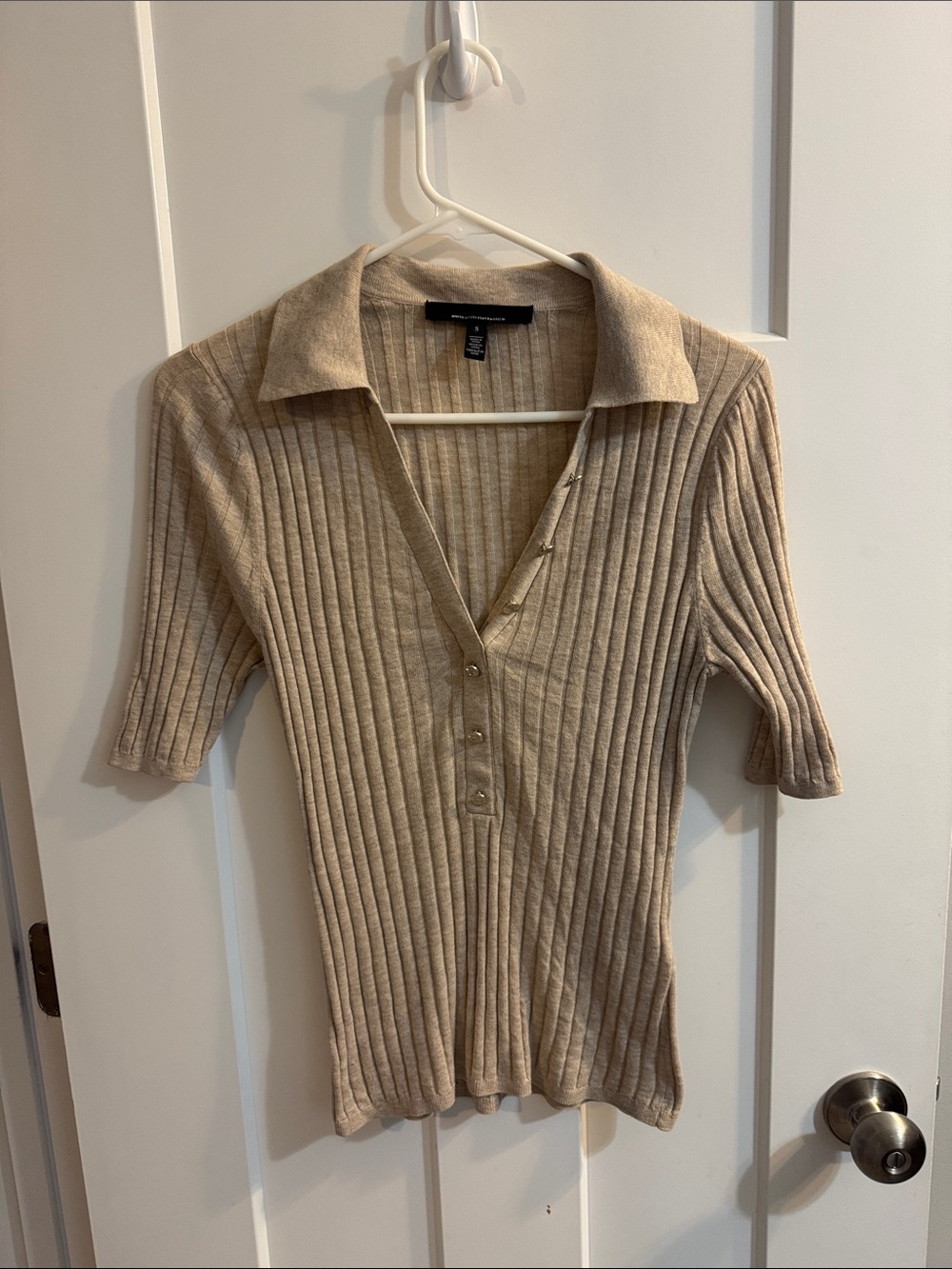 White House Black Market Neutral Ribbed Polo Button-Up Top